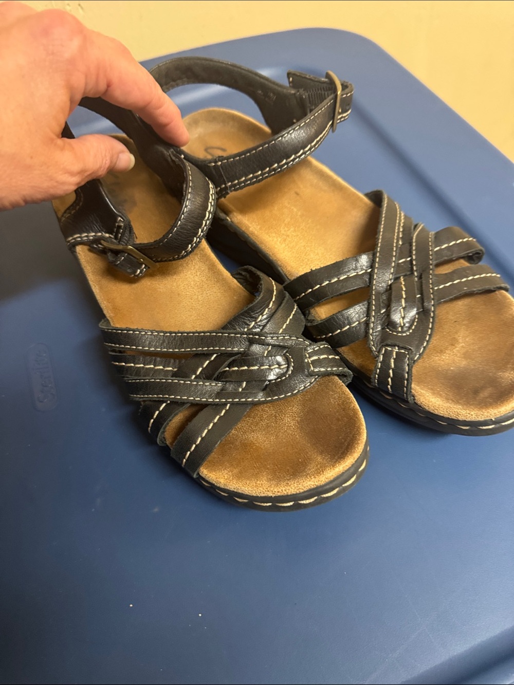 Clarks Black Strappy Kids Sandals with Tan Footbed